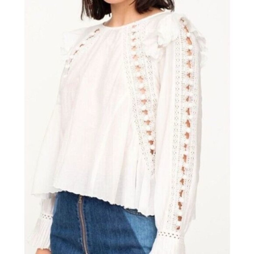 Sea New York Esther PomPom Ruffle Blouse in White Ivory